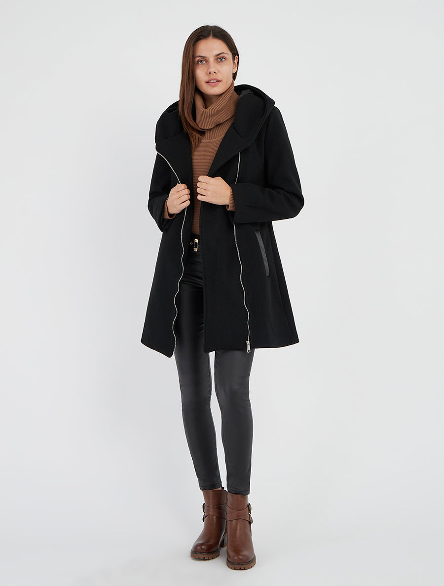 Manteau à capuche avec empiècements en simili cuir - Noir