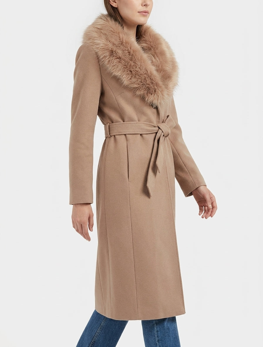 Manteau long ceinturé avec fourrure synthétique amovible - camel