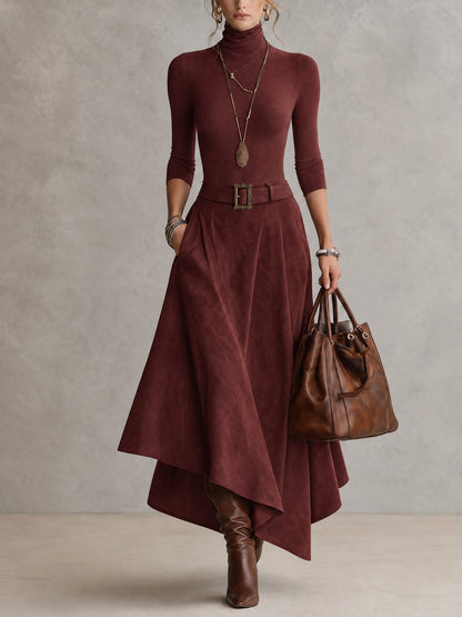 Ensemble taupe en jersey à col montant et jupe asymétrique effet suédine