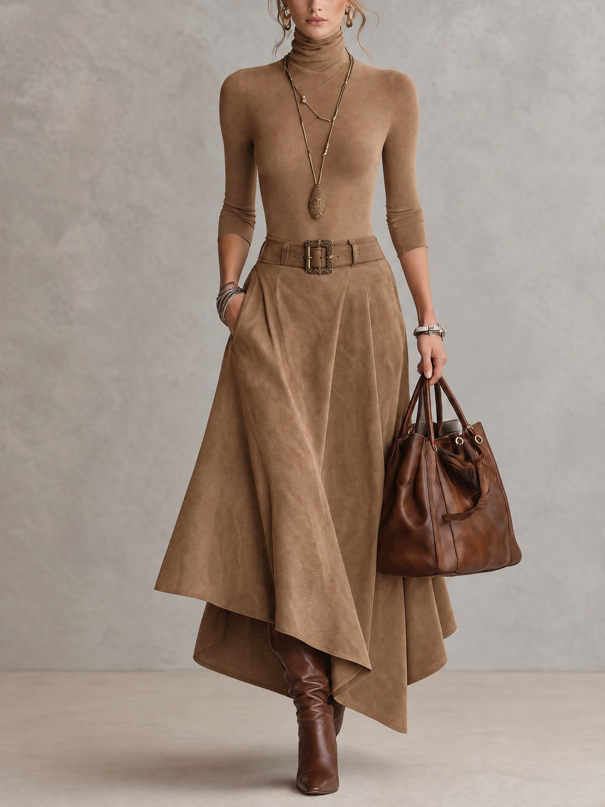Ensemble taupe en jersey à col montant et jupe asymétrique effet suédine