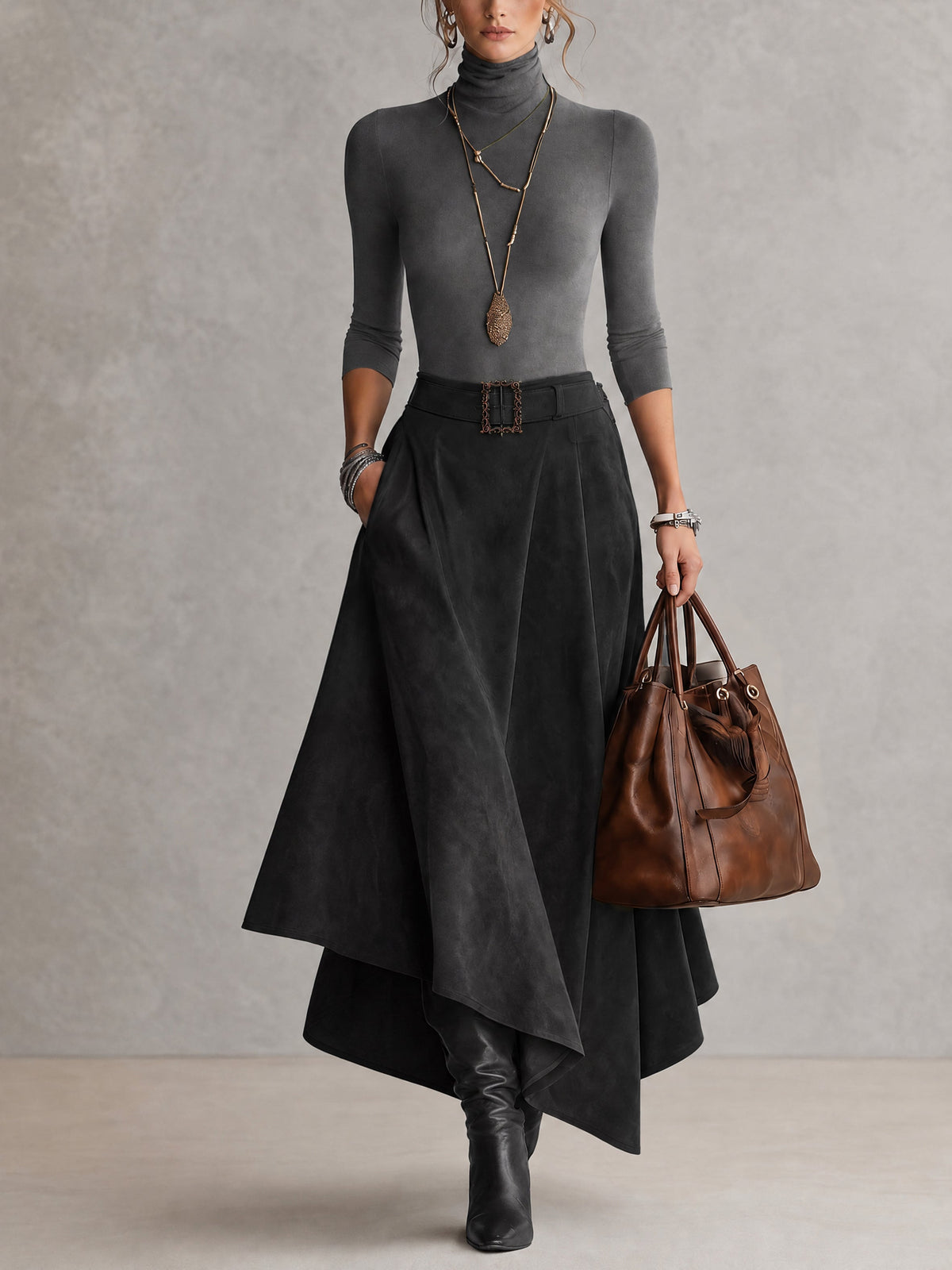Ensemble taupe en jersey à col montant et jupe asymétrique effet suédine