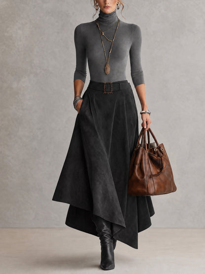 Ensemble taupe en jersey à col montant et jupe asymétrique effet suédine