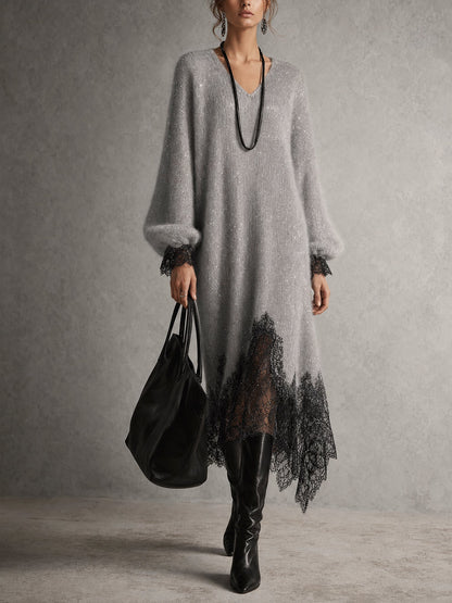 Robe midi grise en maille avec ourlet en dentelle