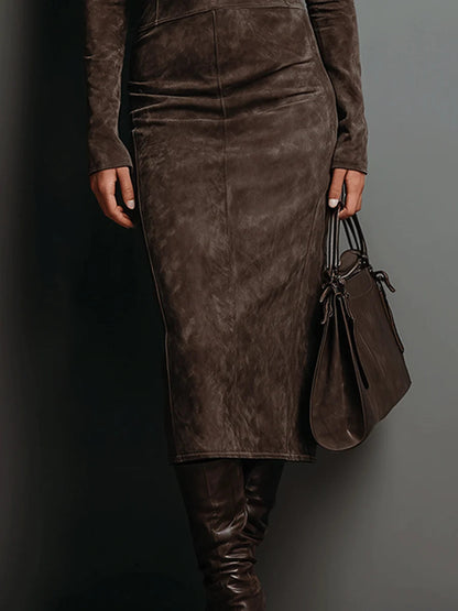 Lorène | Robe midi marron effet daim