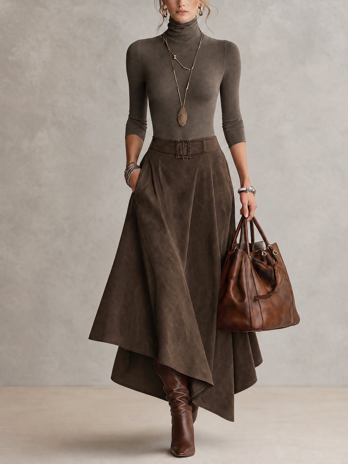 Ensemble taupe en jersey à col montant et jupe asymétrique effet suédine