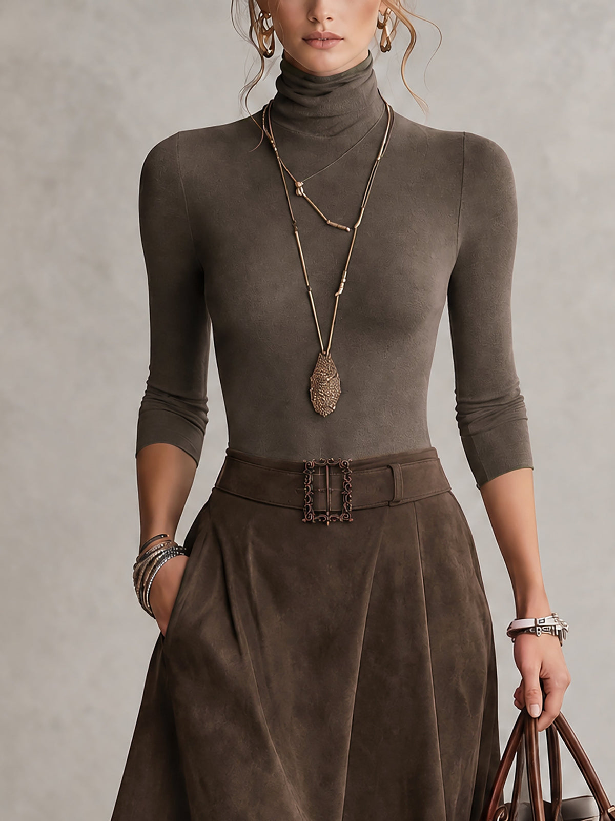 Ensemble taupe en jersey à col montant et jupe asymétrique effet suédine