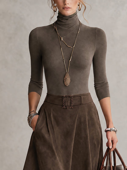 Ensemble taupe en jersey à col montant et jupe asymétrique effet suédine