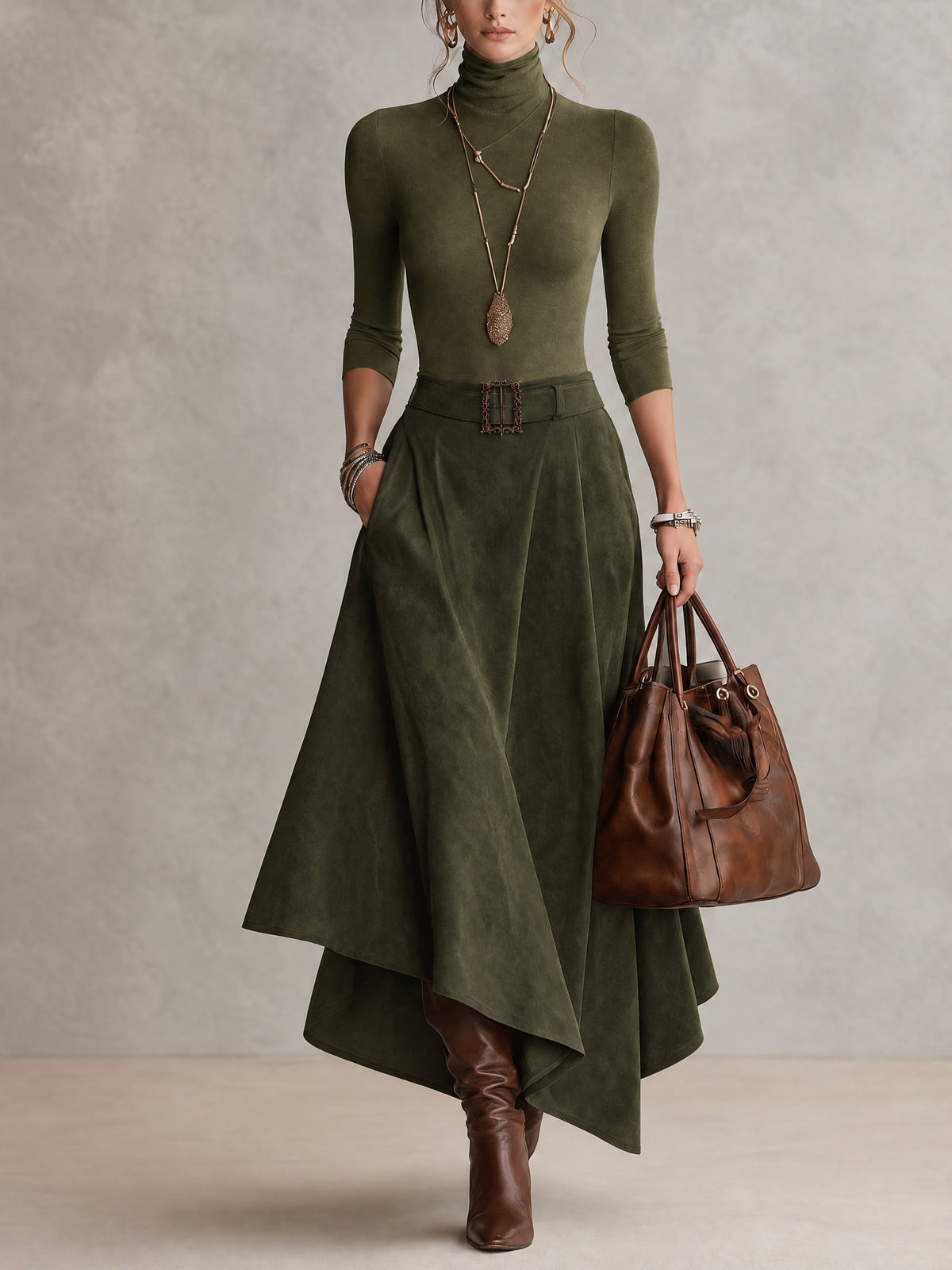 Ensemble taupe en jersey à col montant et jupe asymétrique effet suédine