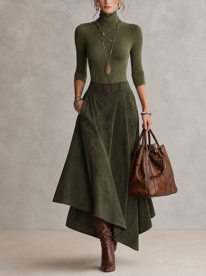 Ensemble taupe en jersey à col montant et jupe asymétrique effet suédine