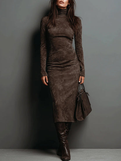 Lorène | Robe midi marron effet daim