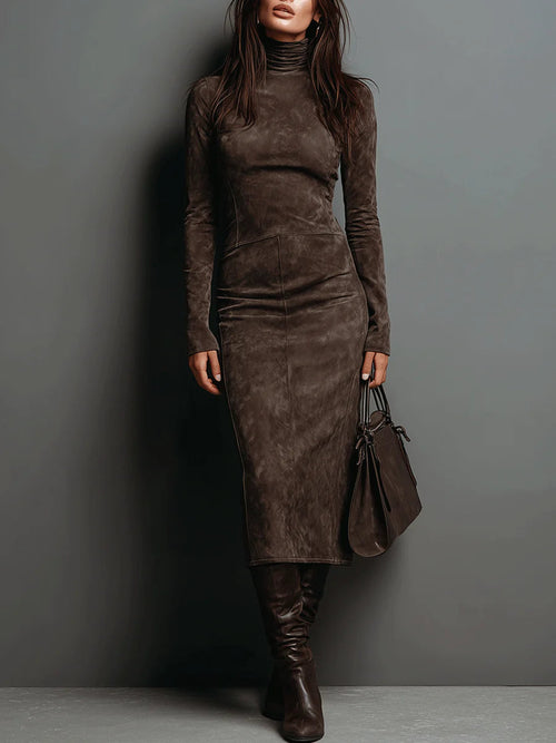 Lorène | Robe midi marron effet daim