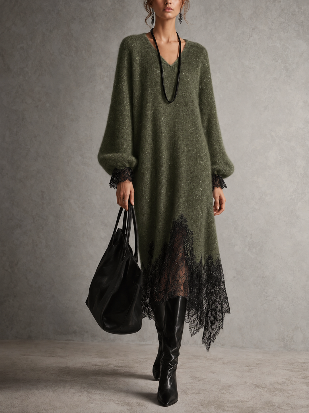 Robe midi grise en maille avec ourlet en dentelle