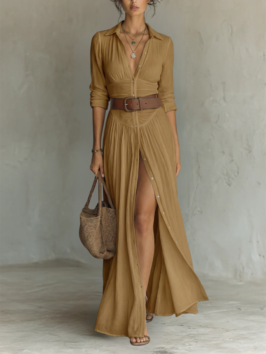 Robe longue à col à revers et à manches longues