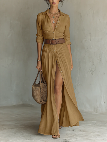 Robe longue à col à revers et à manches longues