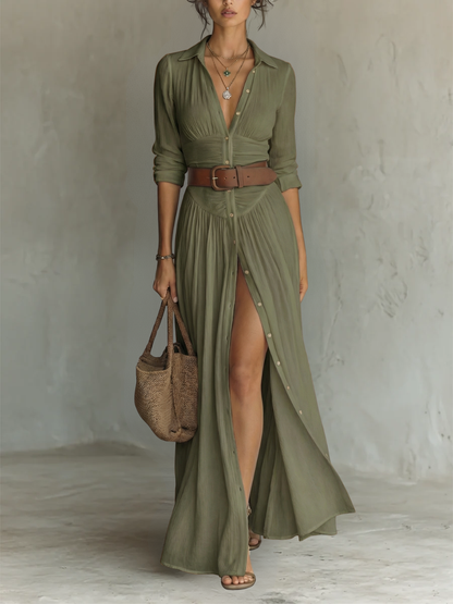 Robe longue à col à revers et à manches longues