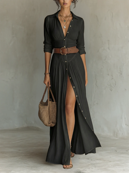 Robe longue à col à revers et à manches longues