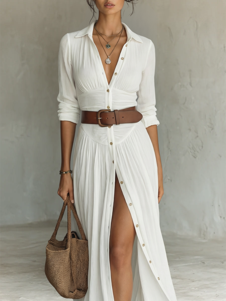 Robe longue à col à revers et à manches longues