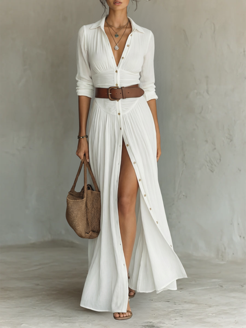 Robe longue à col à revers et à manches longues