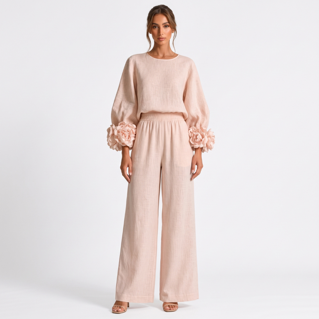 Rose - Ensemble deux pièces à poignets fleuris