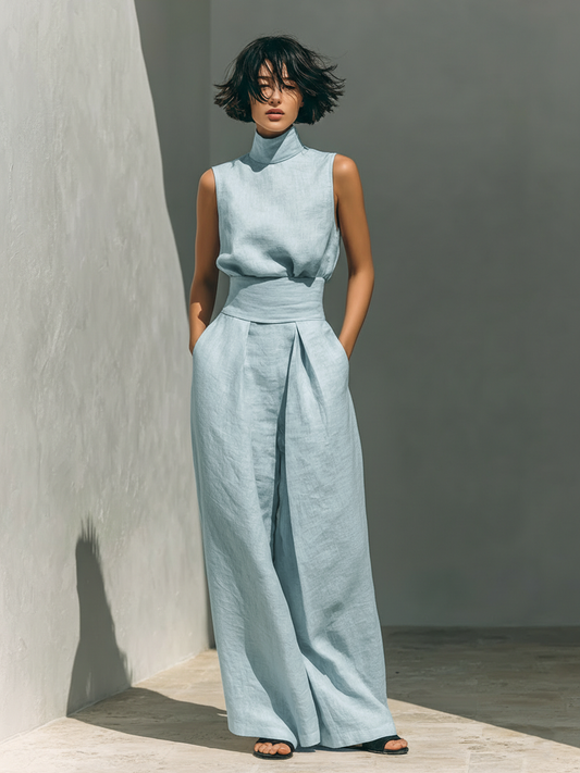 Maria - Ensemble minimaliste pour femme avec t-shirt et pantalon large en coton et en lin