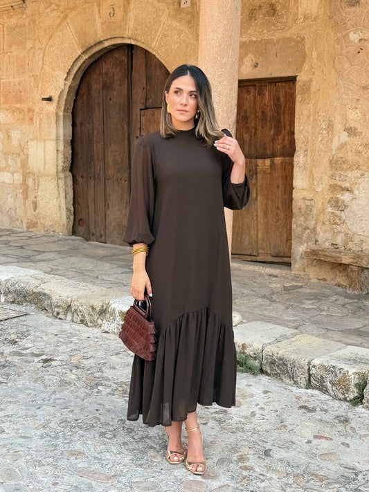 Robe unie marron en mousseline | Andrea