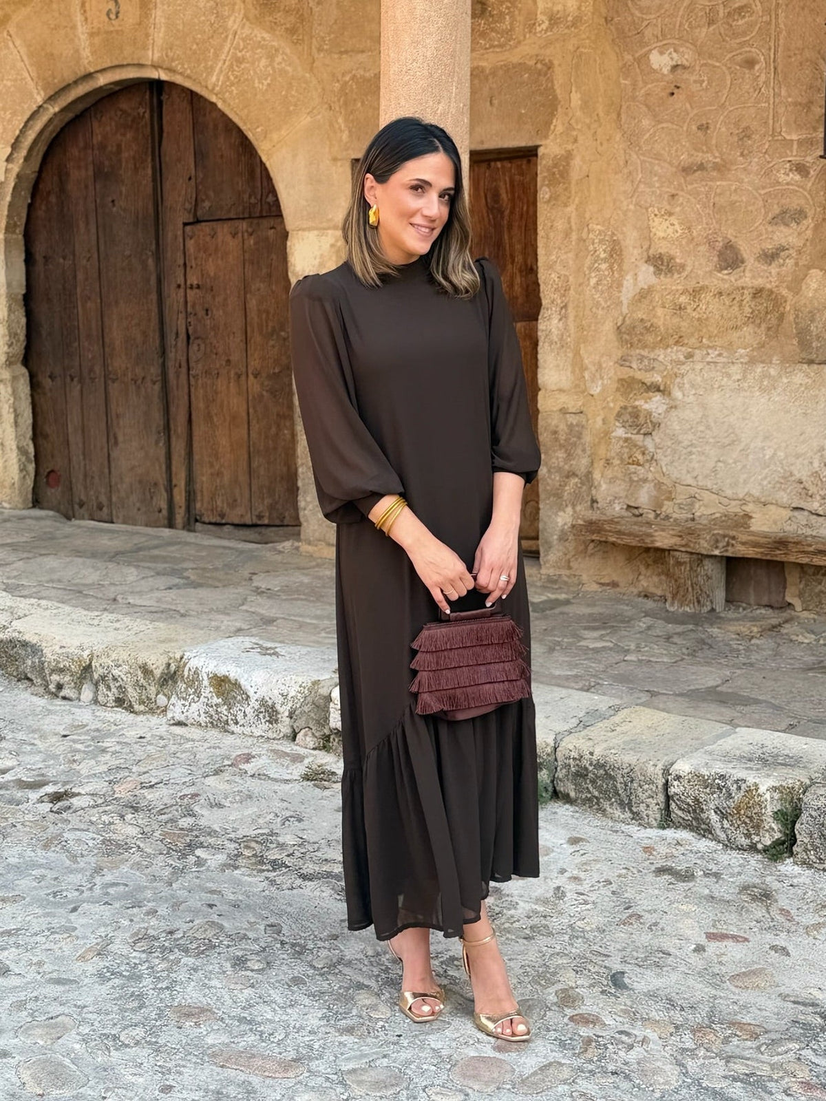 Robe unie marron en mousseline | Andrea
