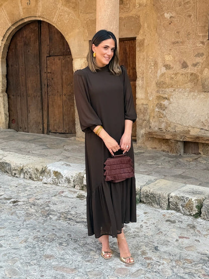 Robe unie marron en mousseline | Andrea