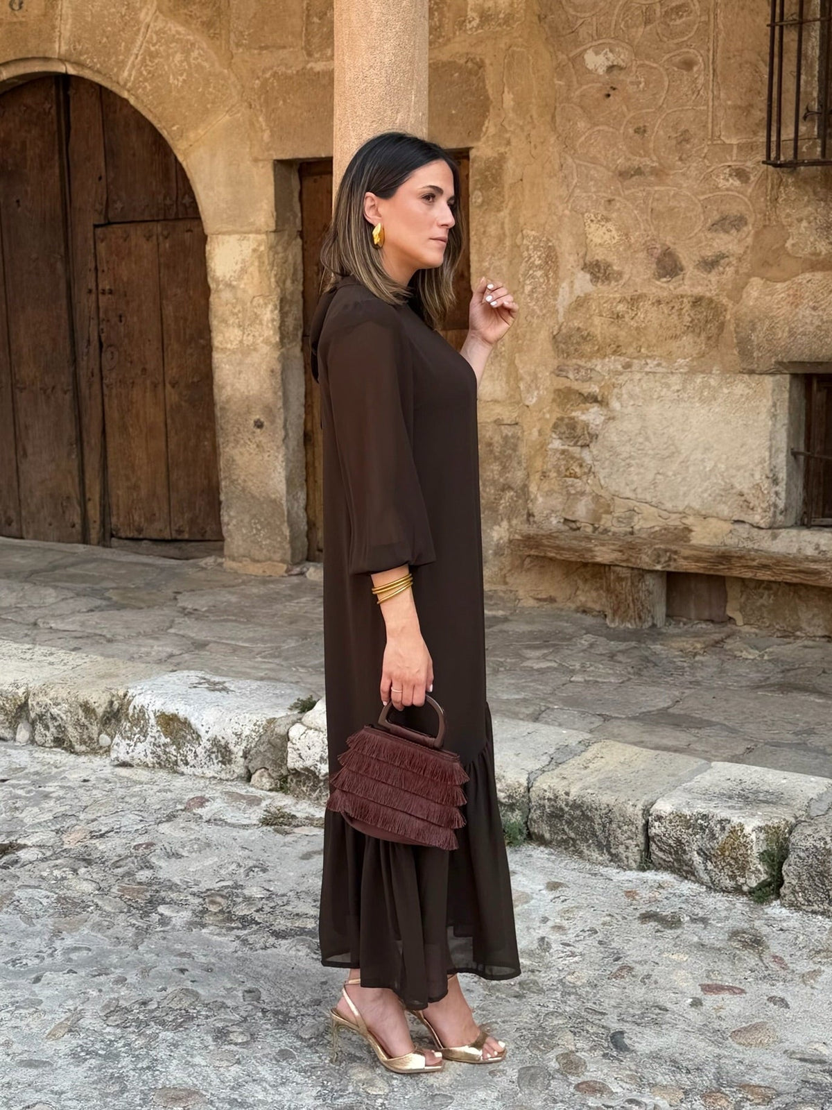 Robe unie marron en mousseline | Andrea