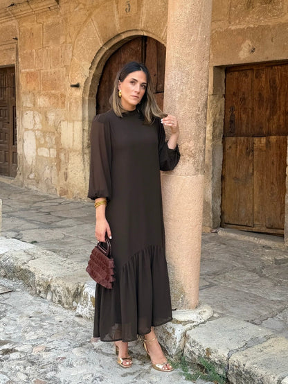 Robe unie marron en mousseline | Andrea