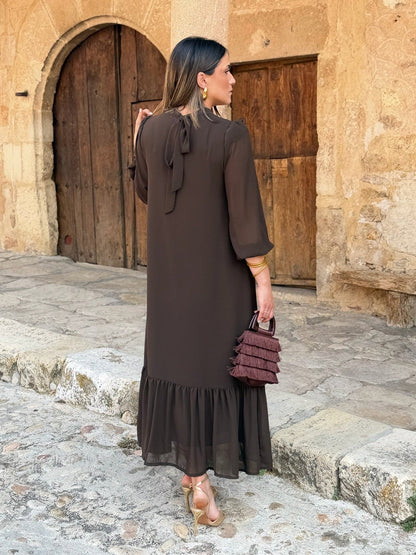 Robe unie marron en mousseline | Andrea