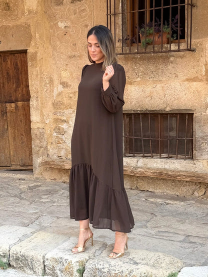Robe unie marron en mousseline | Andrea