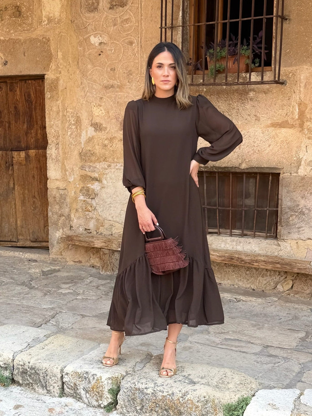 Robe unie marron en mousseline | Andrea