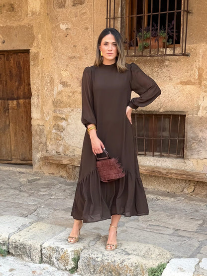 Robe unie marron en mousseline | Andrea