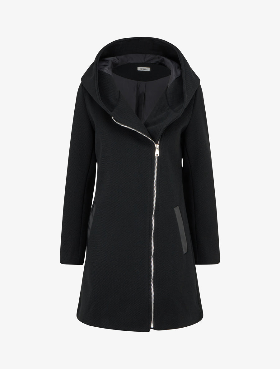 Manteau à capuche avec empiècements en simili cuir - Noir