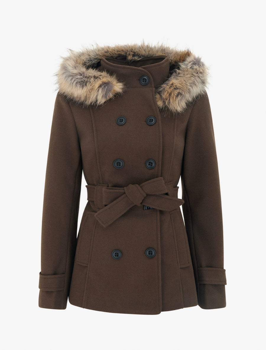 Manteau ceinturé à double boutonnage avec capuche amovible - Chocolat
