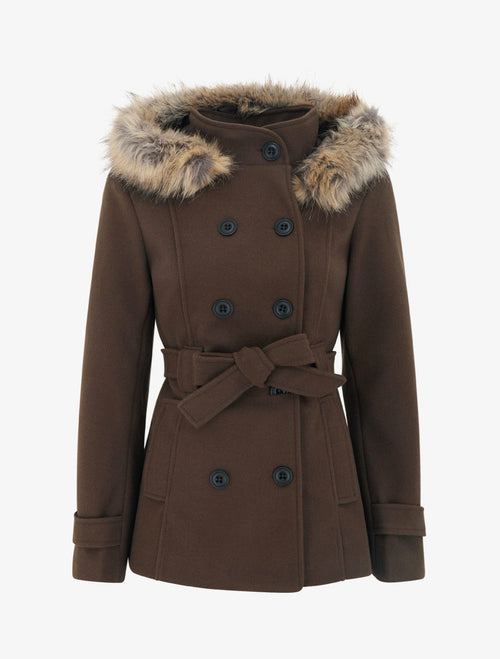 Manteau ceinturé à double boutonnage avec capuche amovible - Chocolat