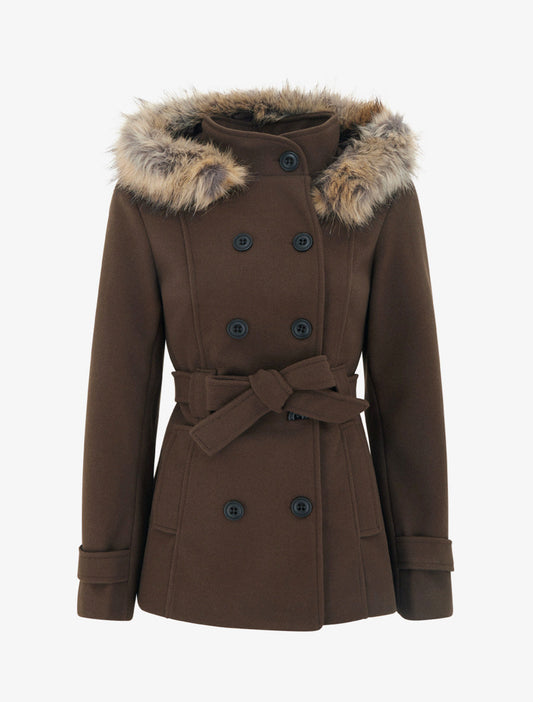 Manteau ceinturé à double boutonnage avec capuche amovible - Chocolat
