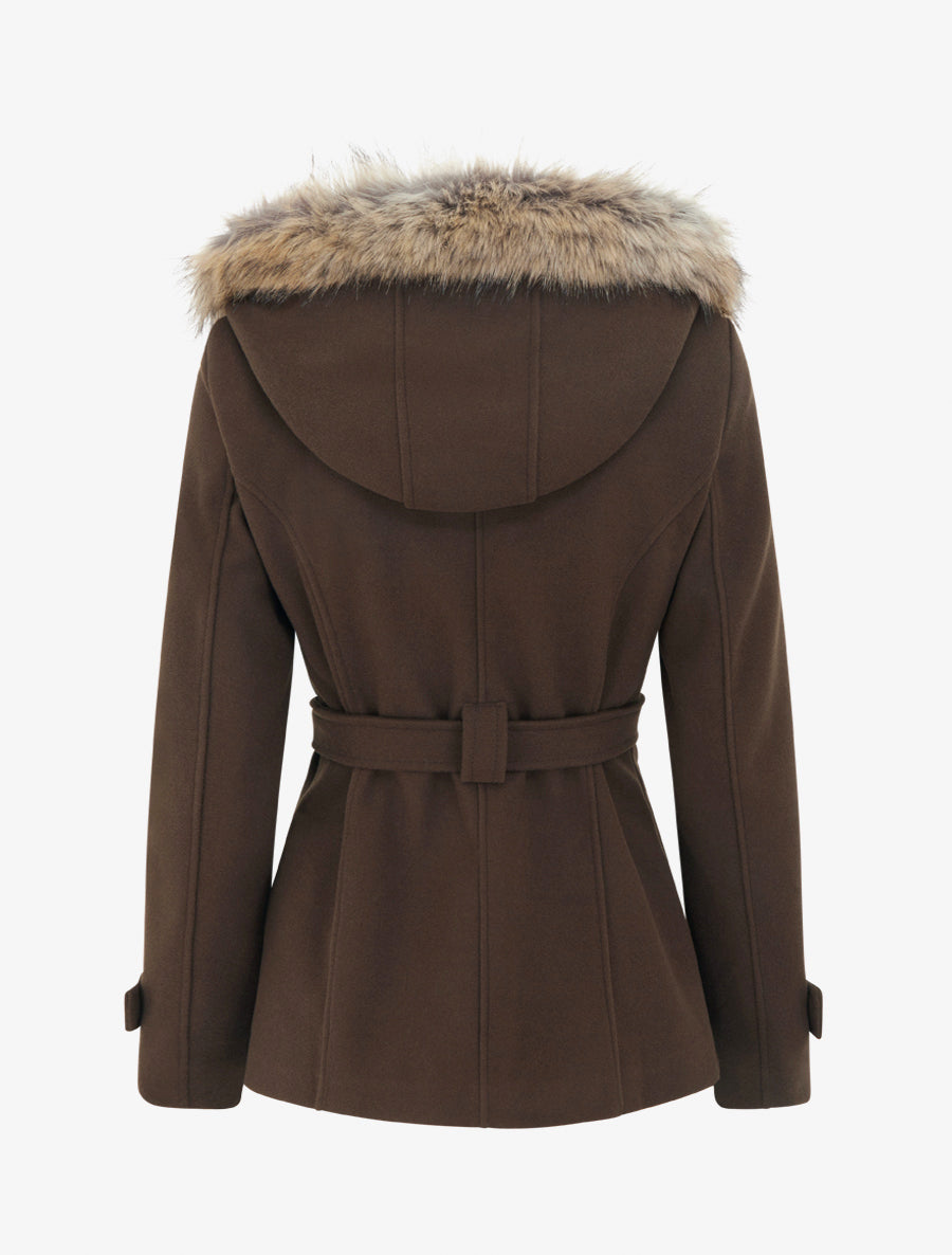 Manteau ceinturé à double boutonnage avec capuche amovible - Chocolat