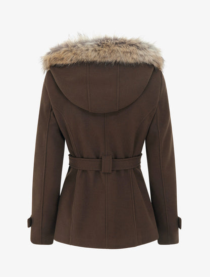 Manteau ceinturé à double boutonnage avec capuche amovible - Chocolat