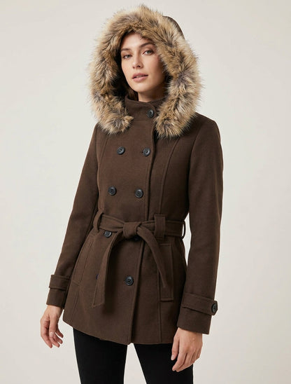 Manteau ceinturé à double boutonnage avec capuche amovible - Chocolat