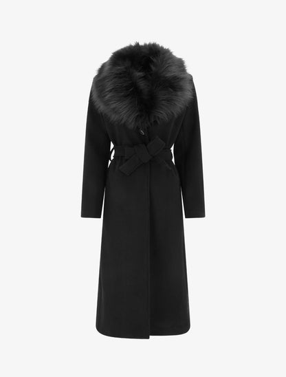 Manteau long ceinturé avec fourrure synthétique amovible - Noir