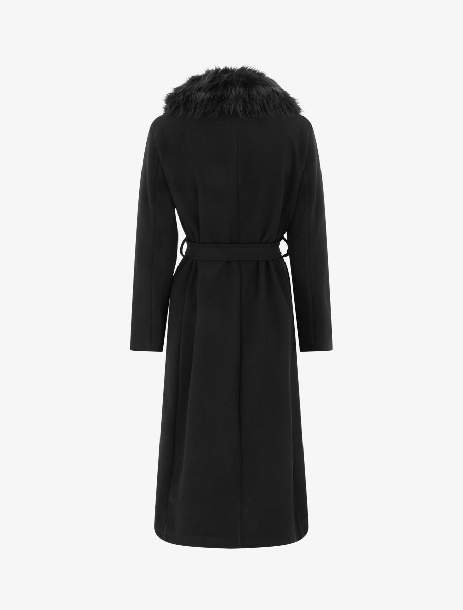 Manteau long ceinturé avec fourrure synthétique amovible - Noir
