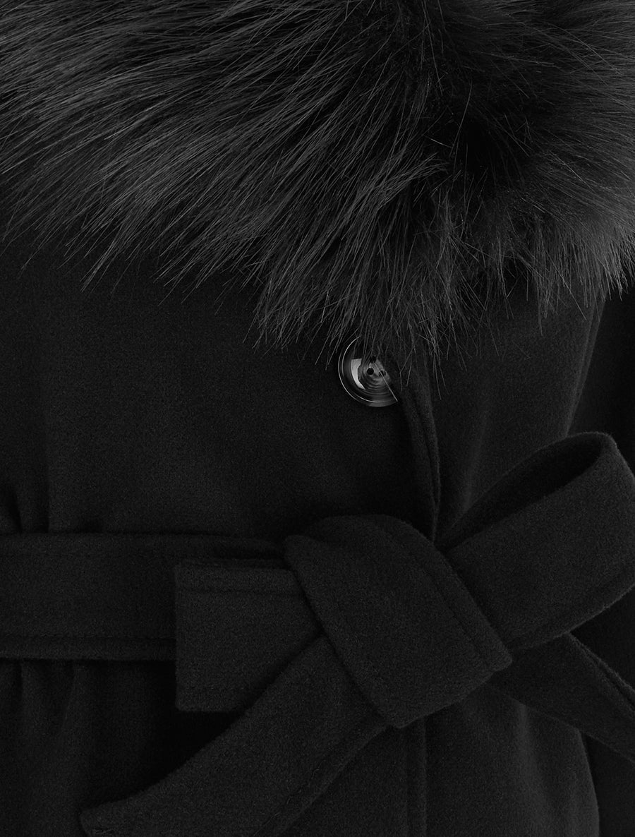 Manteau long ceinturé avec fourrure synthétique amovible - Noir