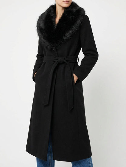 Manteau long ceinturé avec fourrure synthétique amovible - Noir