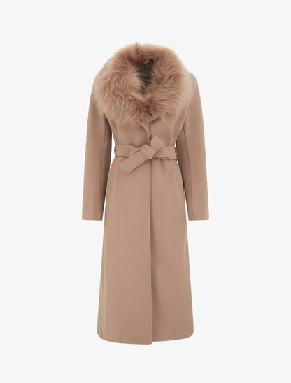 Manteau long ceinturé avec fourrure synthétique amovible - camel