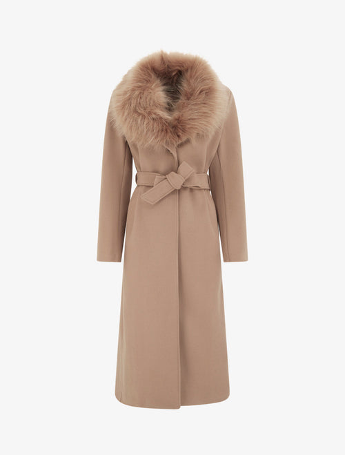 Manteau long ceinturé avec fourrure synthétique amovible - camel