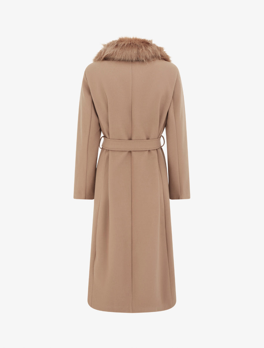 Manteau long ceinturé avec fourrure synthétique amovible - camel
