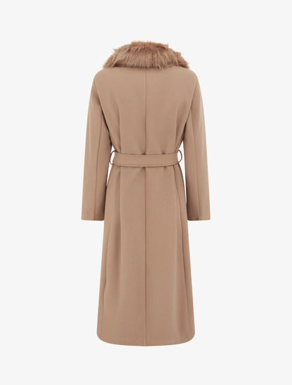 Manteau long ceinturé avec fourrure synthétique amovible - camel