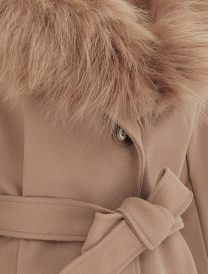 Manteau long ceinturé avec fourrure synthétique amovible - camel