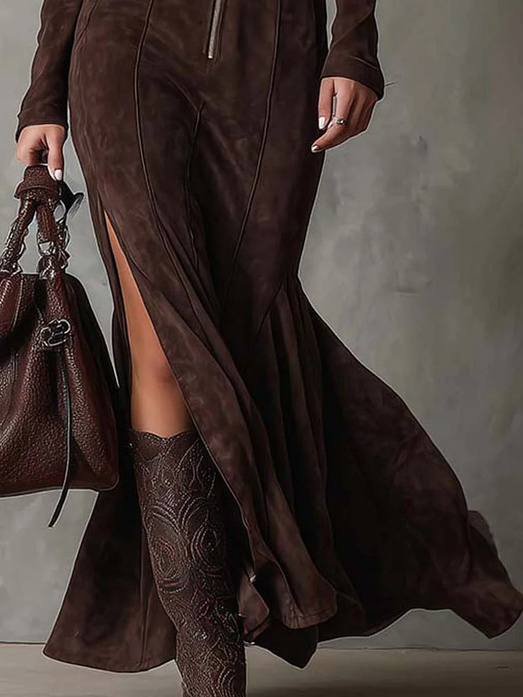 Robe longue vintage marron zippée avec ceinture (ceinture incluse)